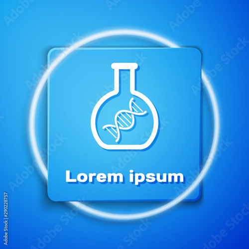 White DNA research, search icon isolated on blue background. Genetic engineering, genetics testing, cloning, paternity testing. Blue square button. Vector Illustration