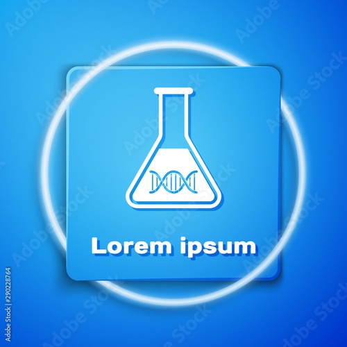 White DNA research, search icon isolated on blue background. Genetic engineering, genetics testing, cloning, paternity testing. Blue square button. Vector Illustration