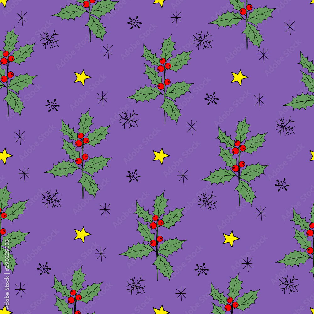 Vintage seamless pattern with vector holly pattern for paper design. Happy new year decoration. Vector graphic. Vector festive illustration. Holly berry christmas icon. Season greeting.