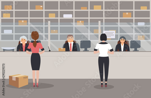 Interior of post office with office workers and customers. People send parcels. Barrier with postal scales. Shelving with boxes. Elegant serve counter,vector illustration