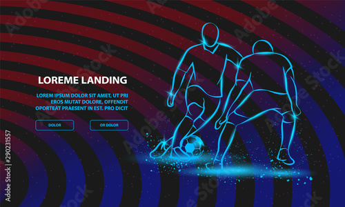 Two soccer players fighting for the ball. Forward and defender playing football. Vector Football Sport Background for Landing Page Template.