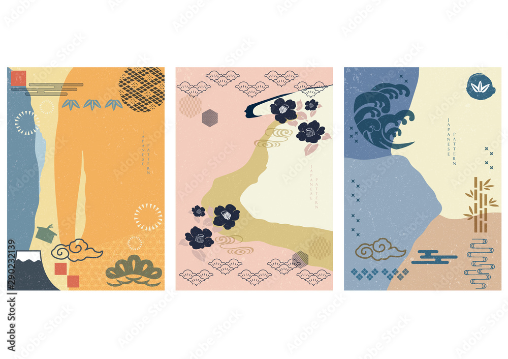 Japanese template with brush stroke background vector. Wave, cloud, pine,  Fuji mountain and cherry blossom icons Stock ベクター | Adobe Stock
