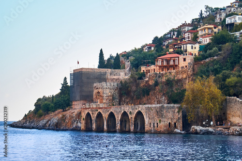 view from the sea to the ancient shipyard and the old town. Alanya, Turkey.