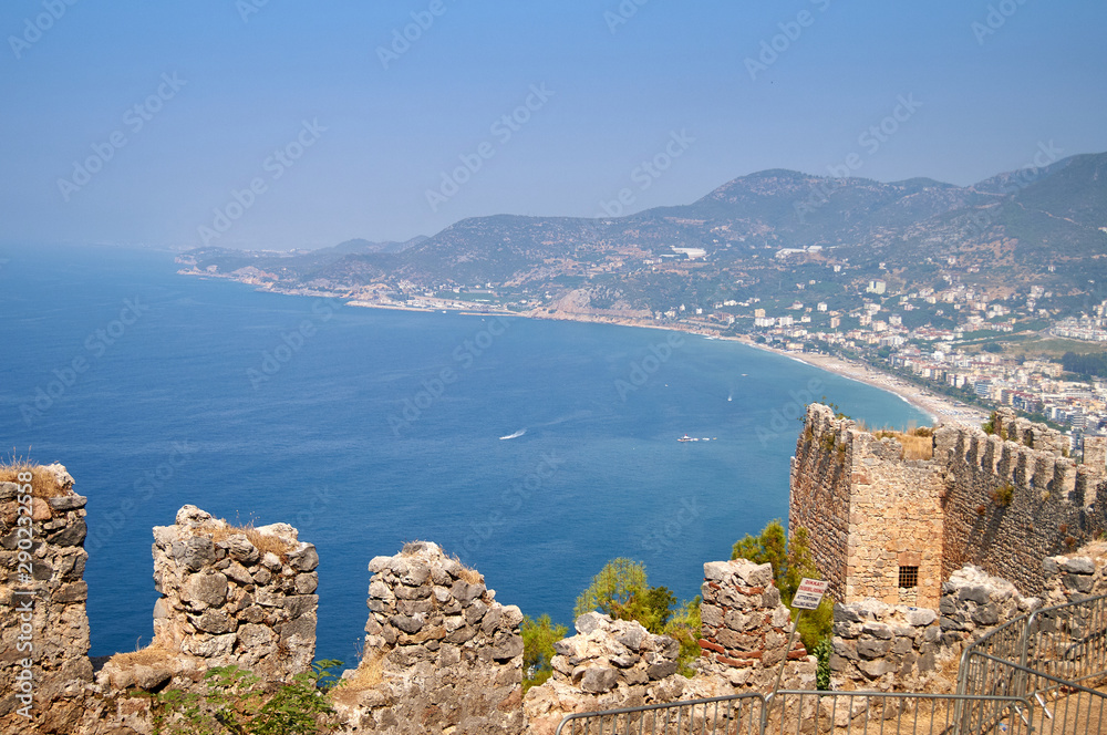View of the Mediterranean sea from the old town on the mountain in Alanya. Holidays in Turkey, sightseeing