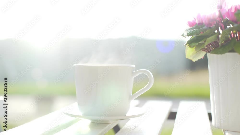 Backlit handheld shot of a piping hot cup of coffee or tea in a coffee shop in the morning sun. Pink flowers on the white shabby table neat the mug. Cafe in the park at sunset. Backlit handheld shot of a piping hot cup of coffee or tea in a coffee shop in the morning sun. Pink flowers on the white shabby table neat the mug. Cafe in the park at sunset.