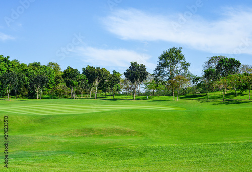 Fototapeta Naklejka Na Ścianę i Meble -  View of Golf Course with putting, .thailand Golf course with a rich green turf beautiful scenery.