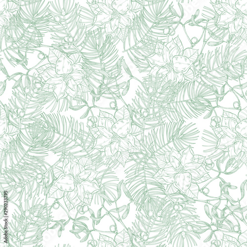 Seamless pattern with mistletoe, poinsettia and pine branches on a white background. Vector. Perfect for greeting cards, invitations, and wallpaper, wrapping, textile.