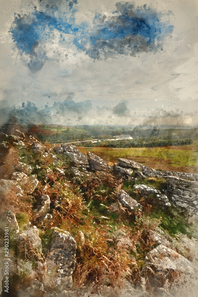 Digital watercolor painting of Stunning Autumn sunset landscape image of view from Leather Tor  in Dartmoor National Park