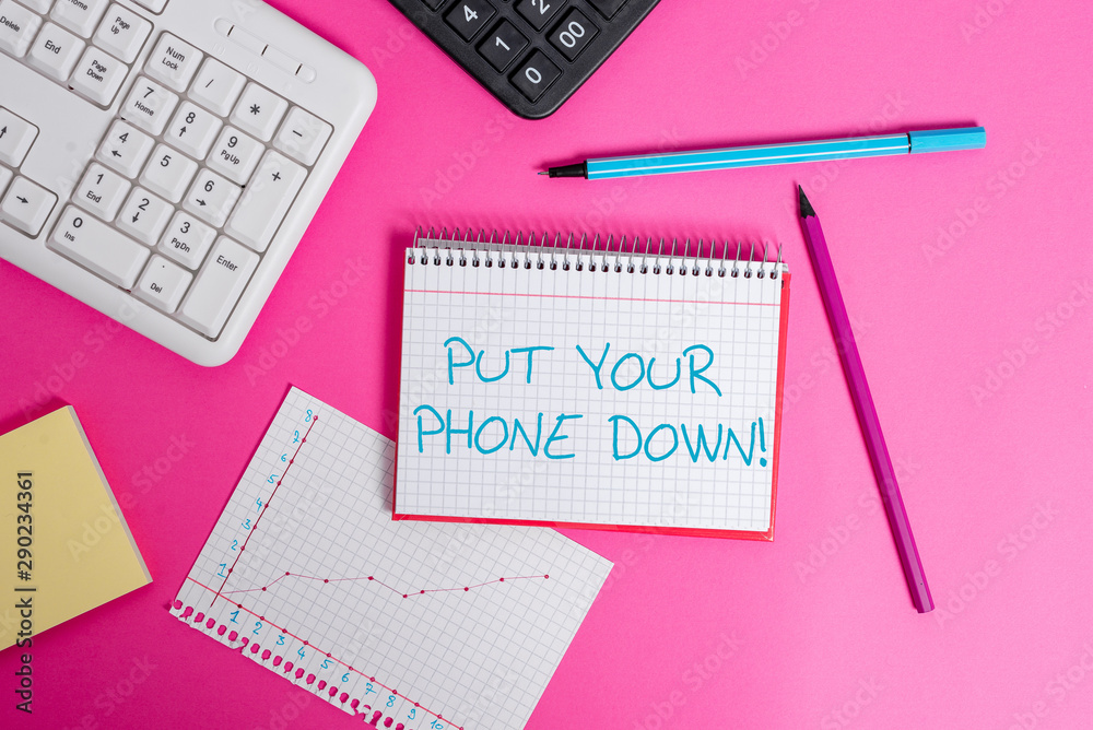 Word writing text Put Your Phone Down. Business photo showcasing end telephone connection saying goodbye caller Writing equipments and computer stuffs placed above classic wooden table Word writing text Put Your Phone Down. Business photo showcasing end telephone connection saying goodbye caller Writing equipments and computer stuffs placed above classic wooden table