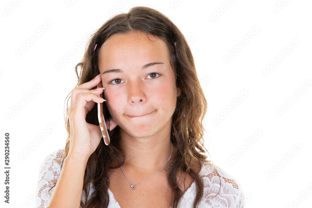 pretty young girl in phone bites her lips over white background pretty young girl in phone bites her lips over white background
