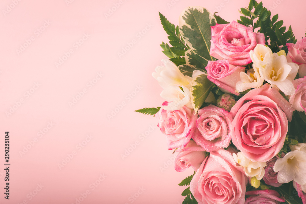 Beautiful and tender bouquet of flowers in the hat box,