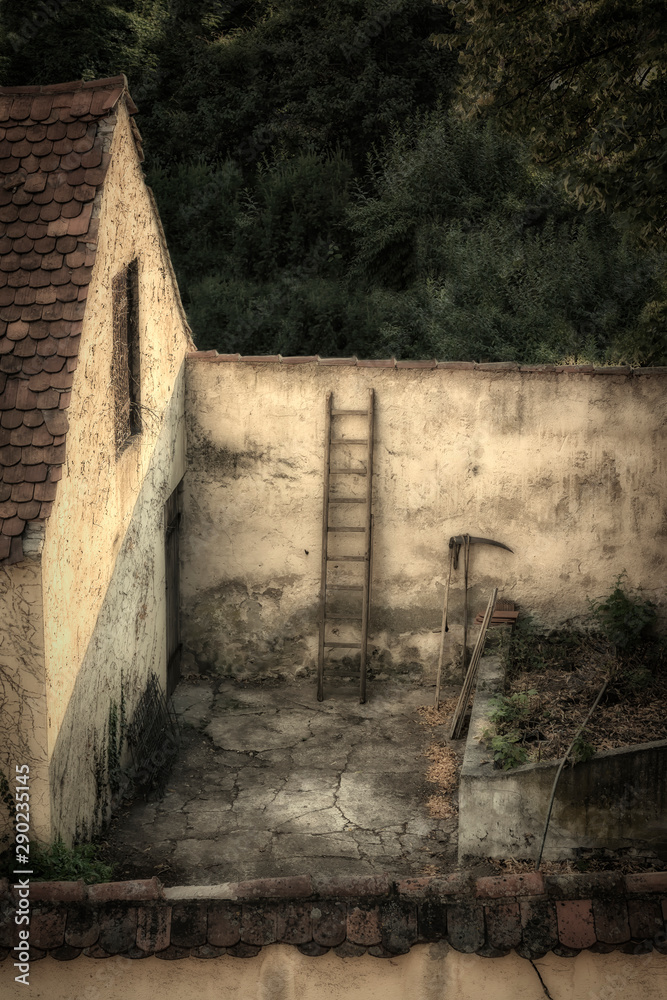 Obraz premium Alter Bauernhof mit Geräten 1538