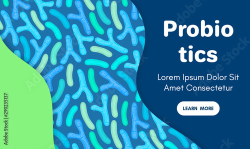 Vector background with probiotics. Bifidobacterium, lactobacillus. Lactic acid bacterium. Microbiome. Medicine or dietary supplement. Landing page, banner, mailing, advertising, label, presentation