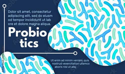 Vector background with probiotics. Bifidobacterium, lactobacillus. Lactic acid bacterium. Microbiome. Medicine or dietary supplement. Landing page, banner, mailing, advertising, label, presentation
