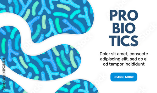 Vector background with probiotics. Bifidobacterium, lactobacillus. Lactic acid bacterium. Microbiome. Medicine or dietary supplement. Landing page, banner, mailing, advertising, label, presentation