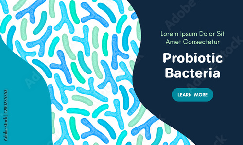 Vector background with probiotics. Bifidobacterium, lactobacillus. Lactic acid bacterium. Microbiome. Medicine or dietary supplement. Landing page, banner, mailing, advertising, label, presentation