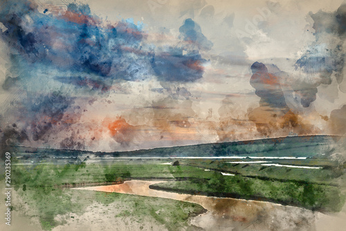 Digital watercolor painting of Beautiful dawn landscape over English countryside with river slowly flowing through fields