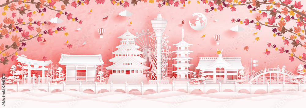 Fototapeta premium Autumn in Osaka, Japan with falling maple leaves and world famous landmarks in paper cut style vector illustration