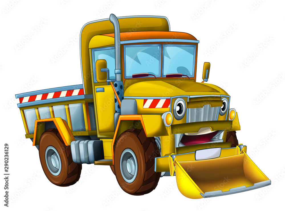 cartoon scene with cargo truck looking and smiling with snow plow on white background - illustration for children