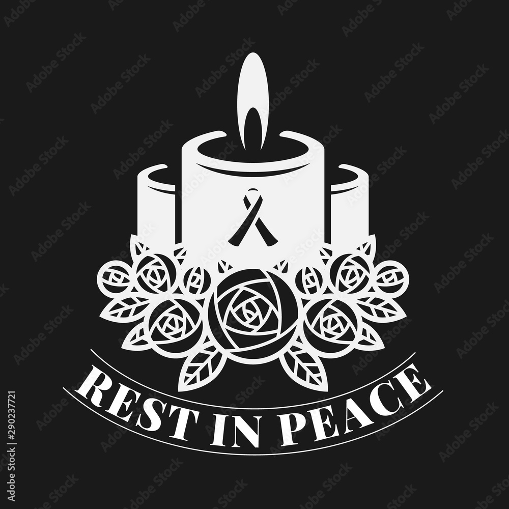 White candle light on rost flora sign and rest in peace text on black  background vector design Stock Vector | Adobe Stock