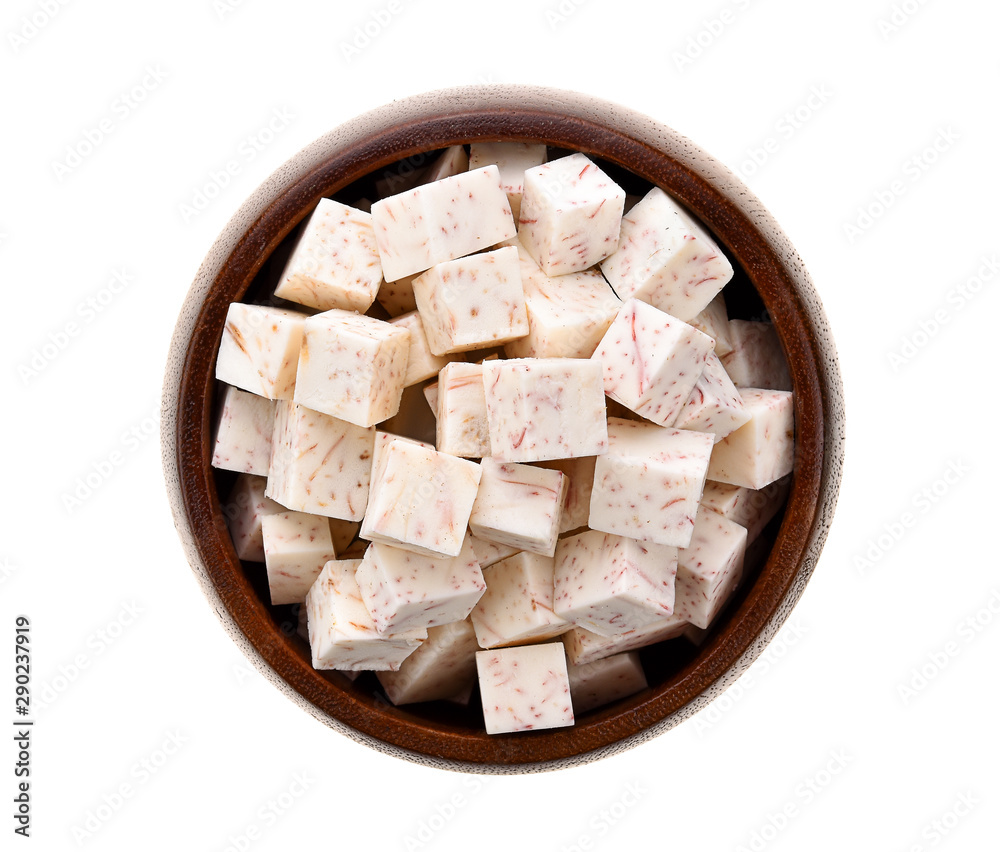Taro isolated in wood bowl on white background Taro isolated in wood bowl on white background