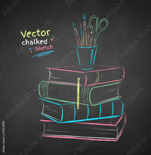 Chalk illustration of books and desk organizer