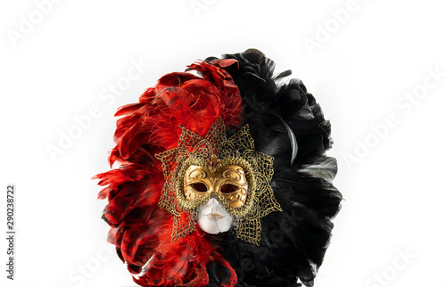 Italian carnival. Venetian red black and gold mask. Mysterious event, party.