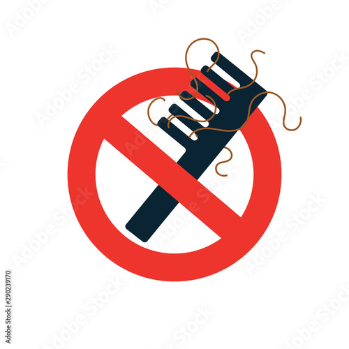 A sign of prohibition on a comb with lost hair. Vector on white background