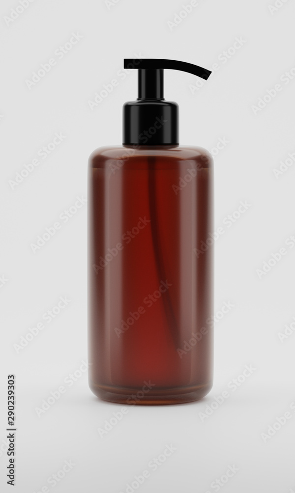 3d rendering Brown transparent plastic bottle with shampoo pumps isolated on white background. 3d rendering Brown transparent plastic bottle with shampoo pumps isolated on white background.