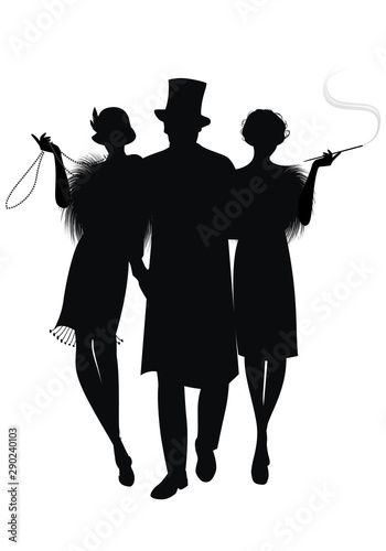Silhouette of two flapper girls and elegant gentleman with top hat. Girl with long necklace and girl smoking a pipe. Isolated on white background