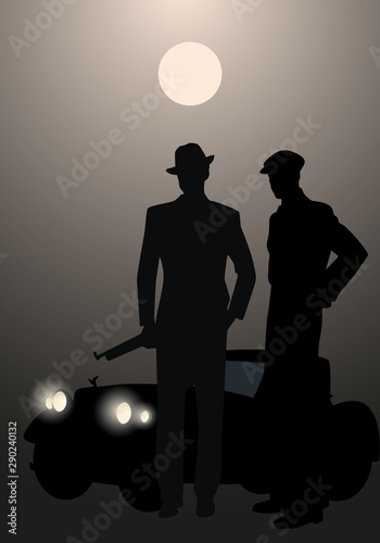 Retro style men silhouettes, wearing hat and cap. Gangsters with submachine gun and old car in the background.
