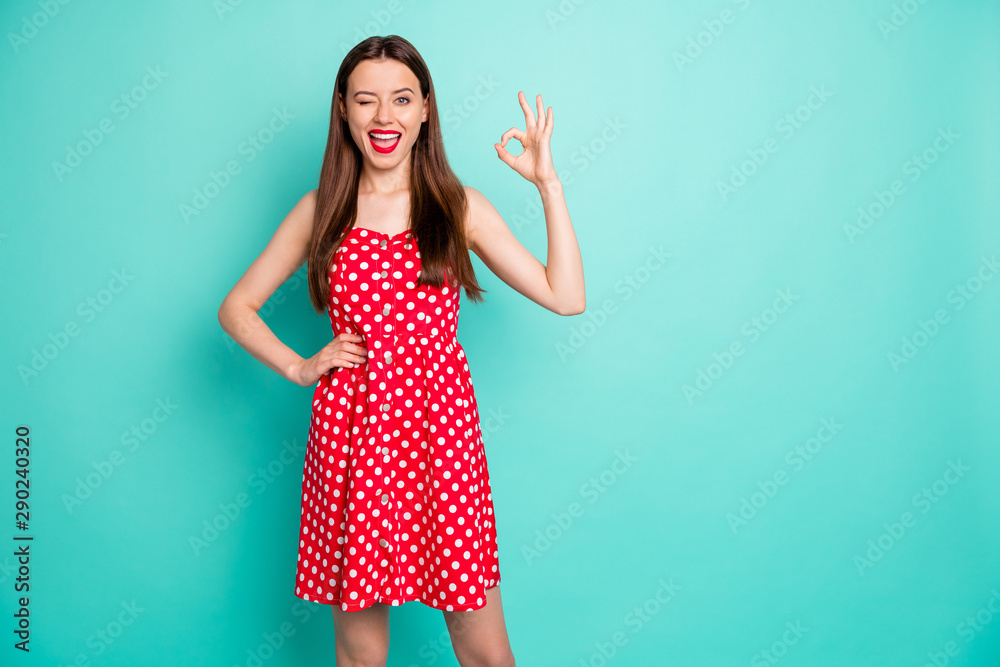 Portrait of her she nice-looking attractive lovely perfect cheerful cheery glad content straight-haired girl showing ok-sign ad advert isolated over green blue turquoise bright vivid shine background Portrait of her she nice-looking attractive lovely perfect cheerful cheery glad content straight-haired girl showing ok-sign ad advert isolated over green blue turquoise bright vivid shine background