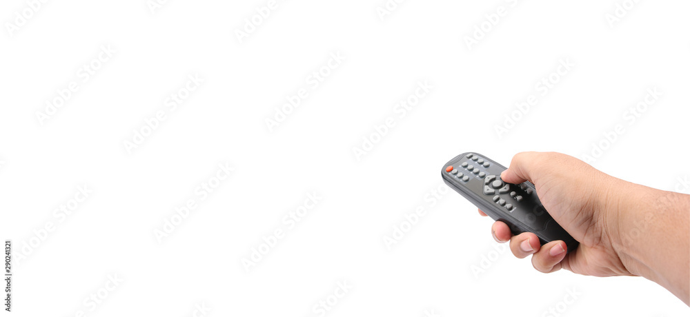 Hand holding television remote control isolate on white background with clipping path. - obrazy, fototapety, plakaty 