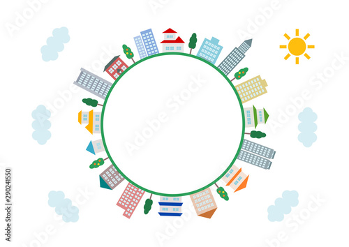 街並 建物 太陽と雲 イラスト フレーム 円形 Stock ベクター Adobe Stock