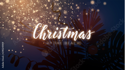 Christmas on the summer beach design with exotic palm leaves and gold glowing glitter, vector illustration. Festive sunset composition.