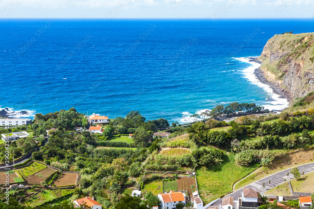 Picturesque panoramic view of South coast of Sao Miguel island near Ague de Pau village, Azores, Portugal