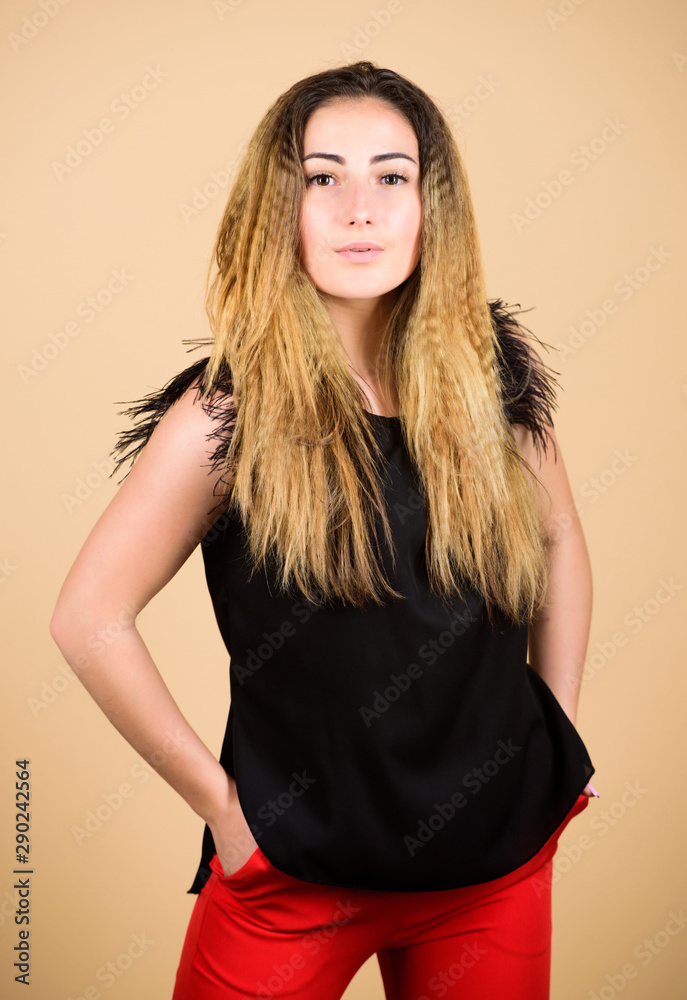 Trendy crimped hairstyle. Fashion girl stylish hairstyle. Hair crimping  method styling hair become wavy. Voluminous crimped hair. Curling and  crimping hair. Hairdresser styling tips. Nice and easy Stock Photo | Adobe  Stock