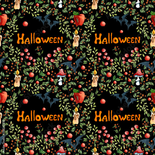 Watercolor Halloween seamless pattern. Hand drawn Halloween holiday composition with apple, candle, bat, mushrum and poisin twigs on dark background. photo