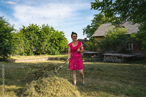 Happy young brunette woman in pink dress collects mowed grass using rake in fronte of the house