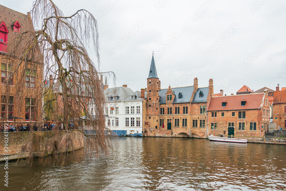 BRUGES, BELGIUM - April 13, 2018: Street view of downtown in Bruges, Belgium