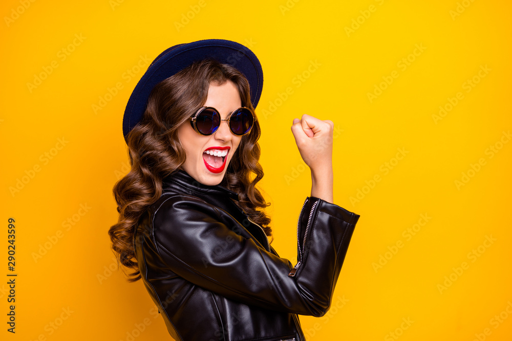 Best day on my life. Profile photo of crazy lady celebrating lottery winning wear casual trendy outfit isolated yellow background