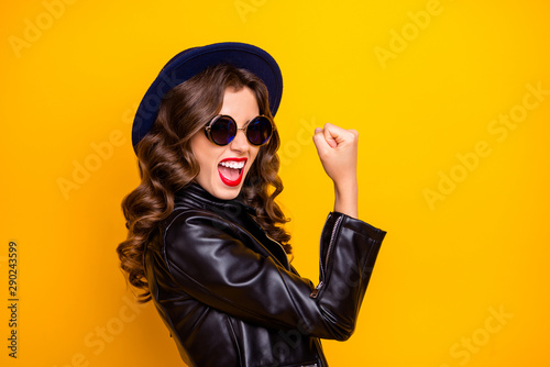 Best day on my life. Profile photo of crazy lady celebrating lottery winning wear casual trendy outfit isolated yellow background
