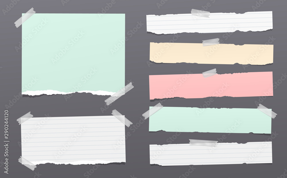 Set of torn white and colorful note, notebook paper strips stuck on dark grey background. Vector illustration