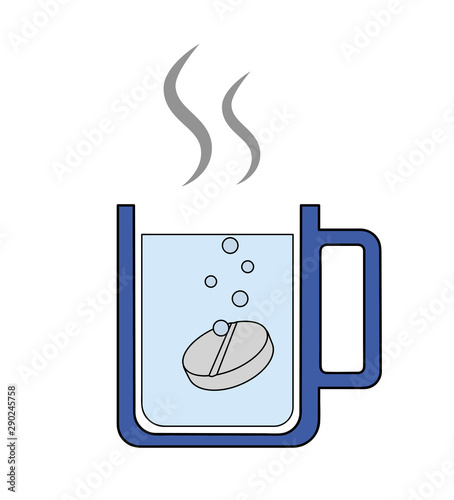 Effervescent aspirin tablets dissolve in a glass of water. Vector illustration cartoon flat icon isolated on white. Effervescent tablets in a cup icon on white. Effervescent drug tablet in cup.
