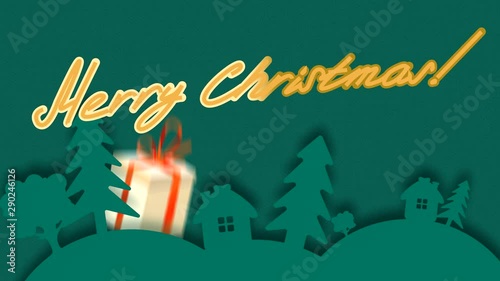 Merry Christmas. Against the background of fir trees and houses, the inscription Merry Christmas appears. A gift and a sparkling garland in the foreground. Happy New Year. Animation video.