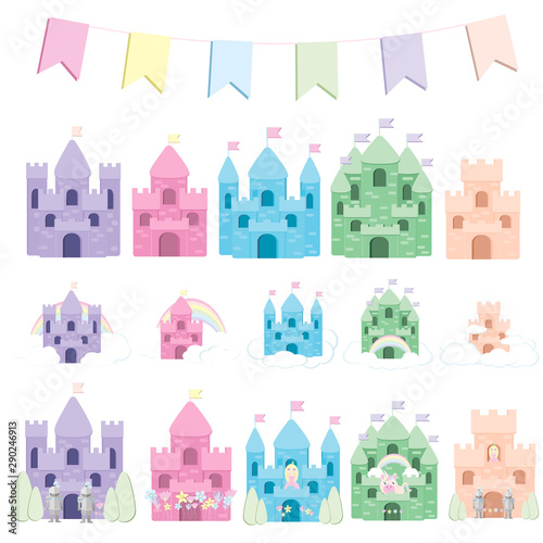 Medieval castle towers. Fairytail mansion exterior, king fortress castles and fortified palace with gate. Old ancient gothic tower fortress or fairy citadel cartoon vector isolated icons set