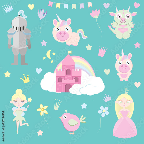 Happy birthday kids vector set. Funny toys, creatures, bouncy castle and unicorns on white background. Elements for decoration children's party. Magic cute baby vector set with fairy cloud castle