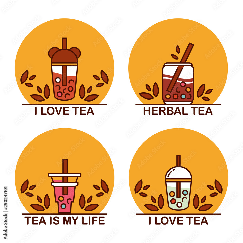 Vector set of boba tea signs, symbols. Icons of portable cups, elements for tea-houses, coffee houses, restaurant design. Warm colors Vector set of boba tea signs, symbols. Icons of portable cups, elements for tea-houses, coffee houses, restaurant design. Warm colors