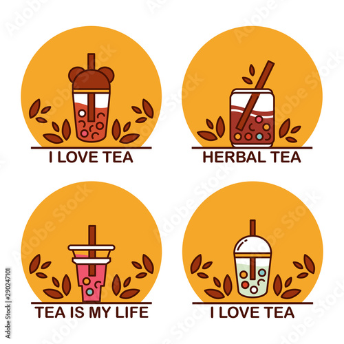 Vector set of boba tea signs, symbols. Icons of portable cups, elements for tea-houses, coffee houses, restaurant design. Warm colors