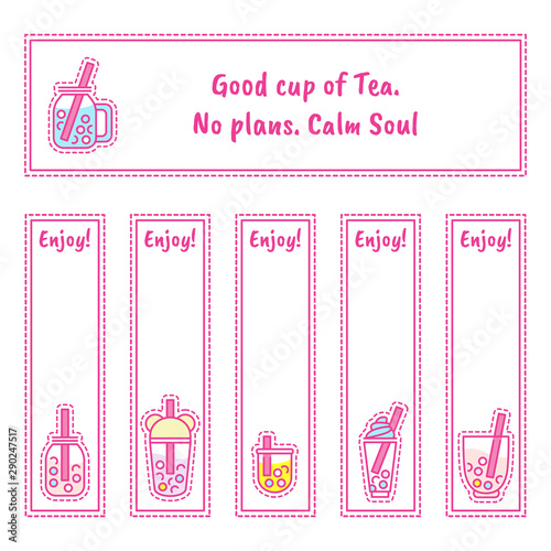 Set of vector tea labels, bookmarks or stickers with kawaii icons: cup of tea, boba-tea with bubbles, coffee ans other drinks. Perfect for cafe, restaurant, tea-houses merchandise, tea packages